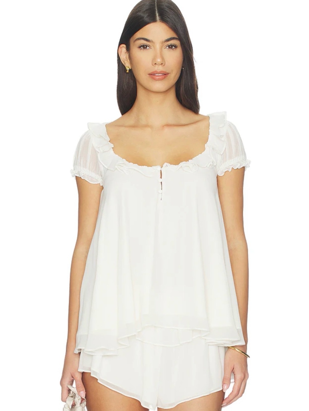 Lovers + Friends White Ruffled Short Sleeve Blouse